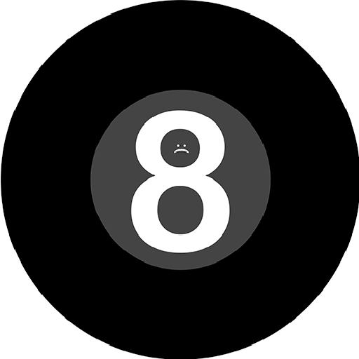 Image of a black pool ball with a number eight in the middle and a unhappy face in the top loop